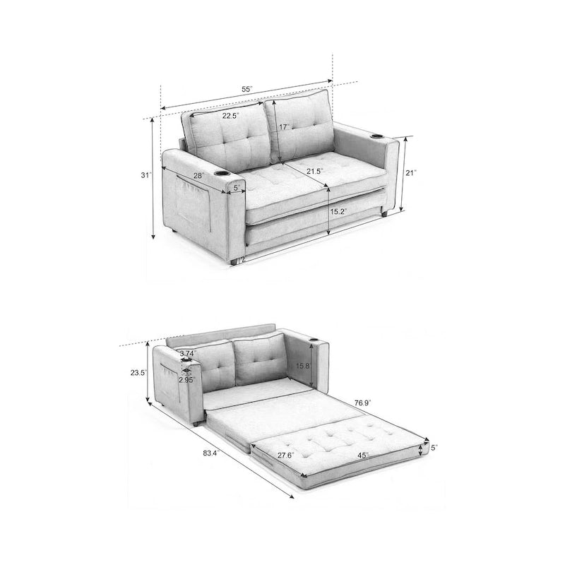 Causeuse capitonnée pliable avec lit gigogne et poches latérales