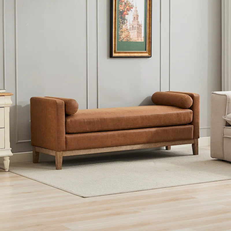 Banc rembourré élégant de 66,34 po (168,5 cm), méridienne, ottoman avec pieds en bois et 2 traversins pour le bout de lit, la chambre à coucher, le salon.