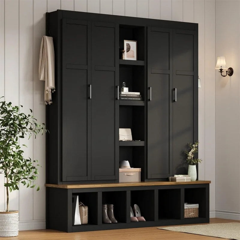 Arbre de hall 4-en-1 de style campagnard avec étagères ouvertes, banc à chaussures de vestiaire avec compartiments ouverts, porte-manteau d'entrée avec 6 crochets