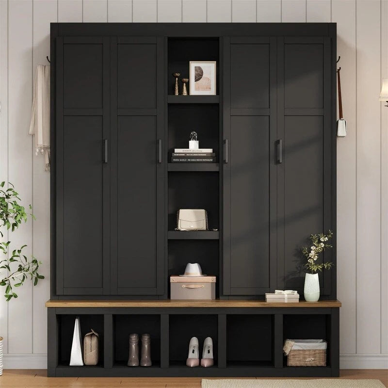 Arbre de hall 4-en-1 de style campagnard avec étagères ouvertes, banc à chaussures de vestiaire avec compartiments ouverts, porte-manteau d'entrée avec 6 crochets