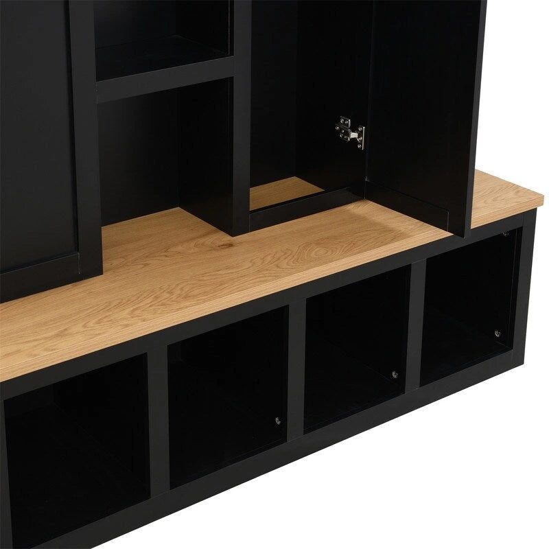 Arbre de hall 4-en-1 de style campagnard avec étagères ouvertes, banc à chaussures de vestiaire avec compartiments ouverts, porte-manteau d'entrée avec 6 crochets