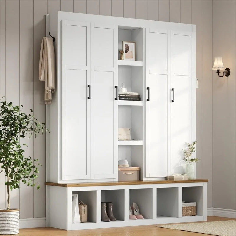 Arbre de hall 4-en-1 de style campagnard avec étagères ouvertes, banc à chaussures de vestiaire avec compartiments ouverts, porte-manteau d'entrée avec 6 crochets