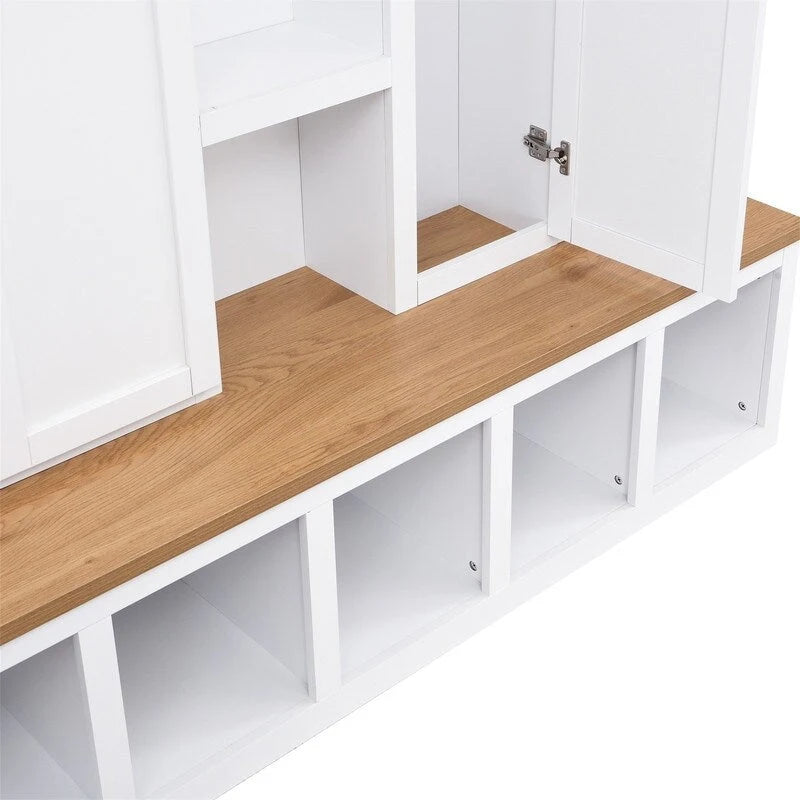 Arbre de hall 4-en-1 de style campagnard avec étagères ouvertes, banc à chaussures de vestiaire avec compartiments ouverts, porte-manteau d'entrée avec 6 crochets