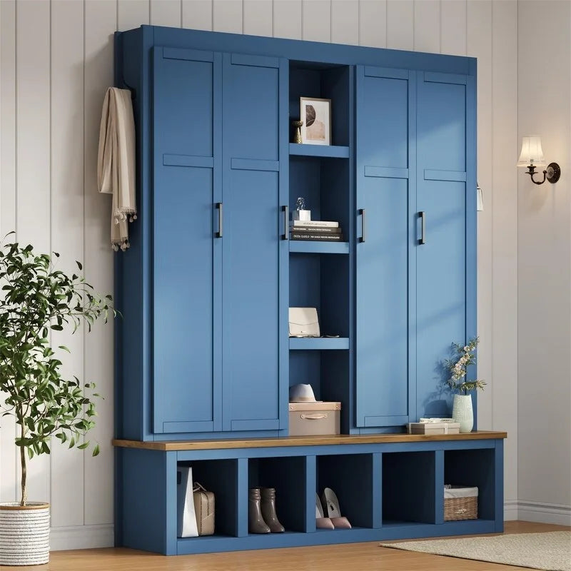 Arbre de hall 4-en-1 de style campagnard avec étagères ouvertes, banc à chaussures de vestiaire avec compartiments ouverts, porte-manteau d'entrée avec 6 crochets
