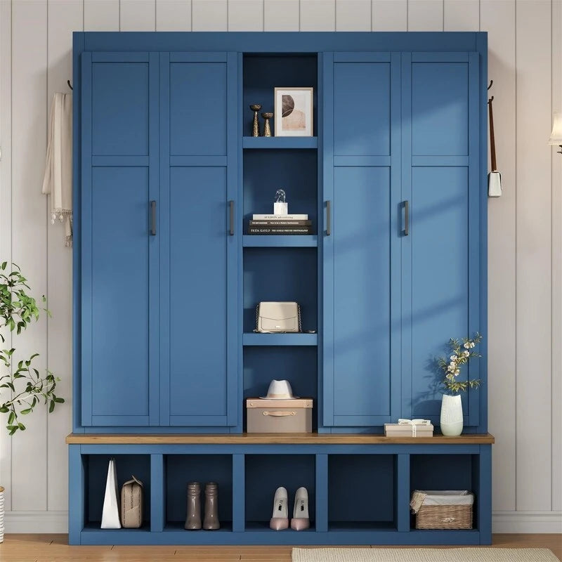 Arbre de hall 4-en-1 de style campagnard avec étagères ouvertes, banc à chaussures de vestiaire avec compartiments ouverts, porte-manteau d'entrée avec 6 crochets