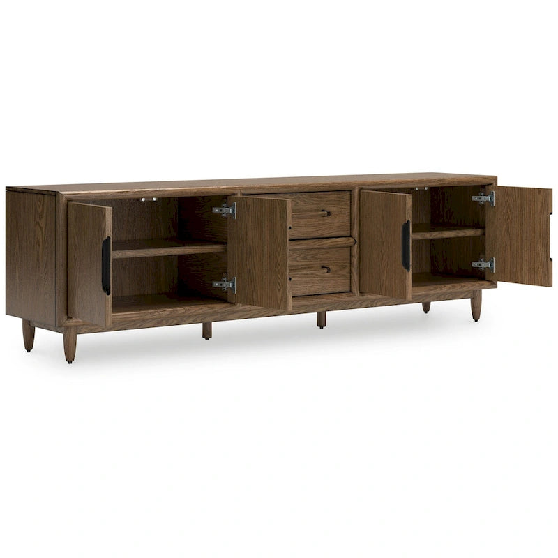 Meuble TV, 2 tiroirs, 2 étagères, bois marron foncé, 85 pouces