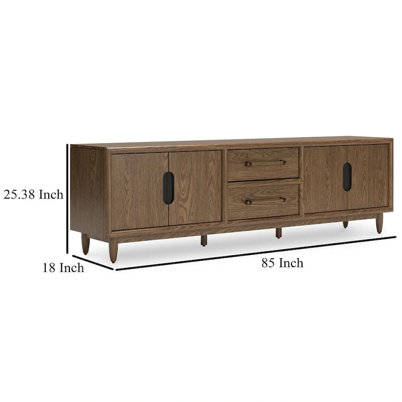 Meuble TV, 2 tiroirs, 2 étagères, bois marron foncé, 85 pouces