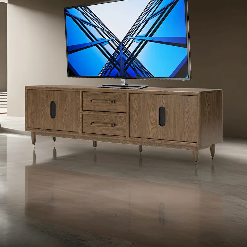 Meuble TV, 2 tiroirs, 2 étagères, bois marron foncé, 85 pouces
