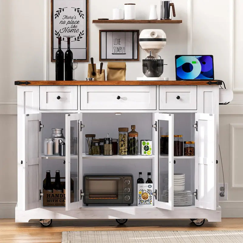 53 Îlot de cuisine de style ferme avec deux portes d'armoire en verre trempé (tabouret non inclus)