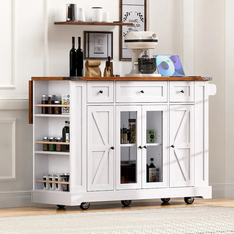 53 Îlot de cuisine de style ferme avec deux portes d'armoire en verre trempé (tabouret non inclus)