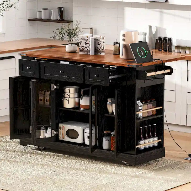 53 Îlot de cuisine de style ferme avec deux portes d'armoire en verre trempé (tabouret non inclus)