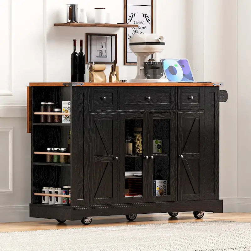 53 Îlot de cuisine de style ferme avec deux portes d'armoire en verre trempé (tabouret non inclus)