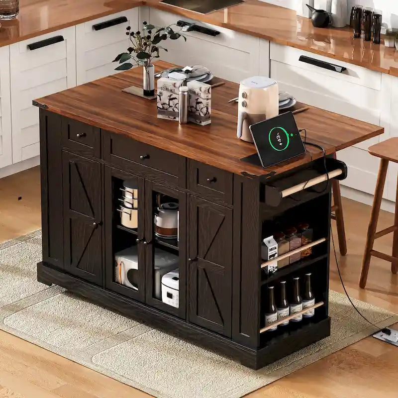53 Îlot de cuisine de style ferme avec deux portes d'armoire en verre trempé (tabouret non inclus)
