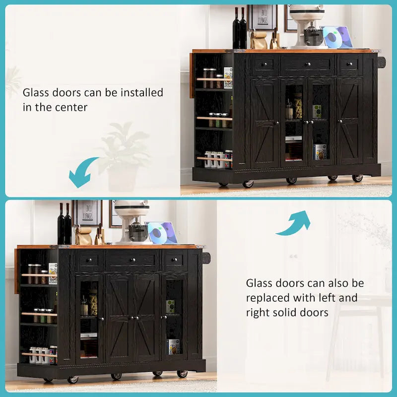 53 Îlot de cuisine de style ferme avec deux portes d'armoire en verre trempé (tabouret non inclus)