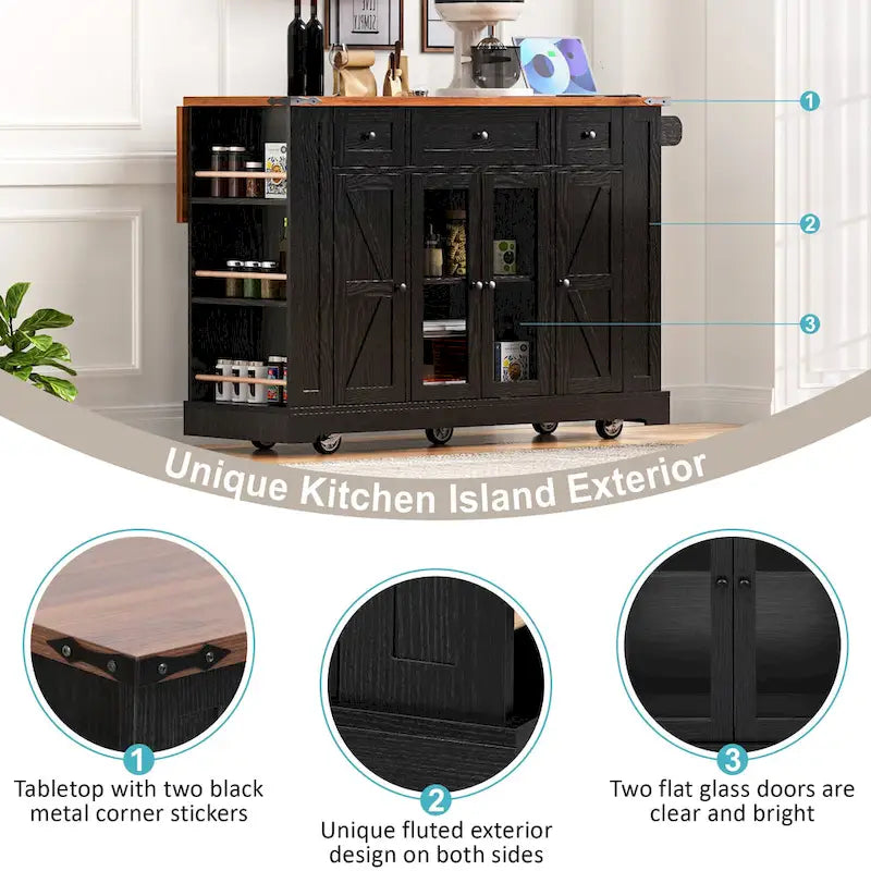 53 Îlot de cuisine de style ferme avec deux portes d'armoire en verre trempé (tabouret non inclus)