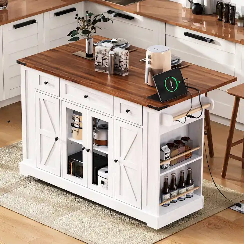 53 Îlot de cuisine de style ferme avec deux portes d'armoire en verre trempé (tabouret non inclus)