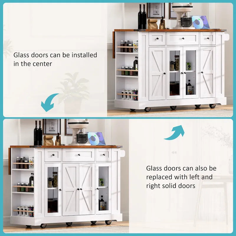 53 Îlot de cuisine de style ferme avec deux portes d'armoire en verre trempé (tabouret non inclus)