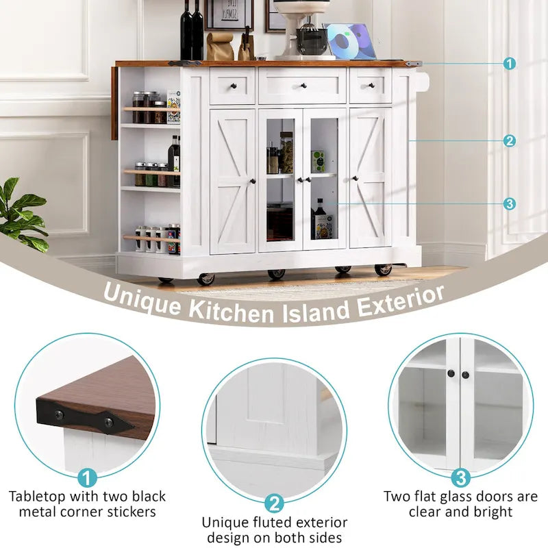 53 Îlot de cuisine de style ferme avec deux portes d'armoire en verre trempé (tabouret non inclus)