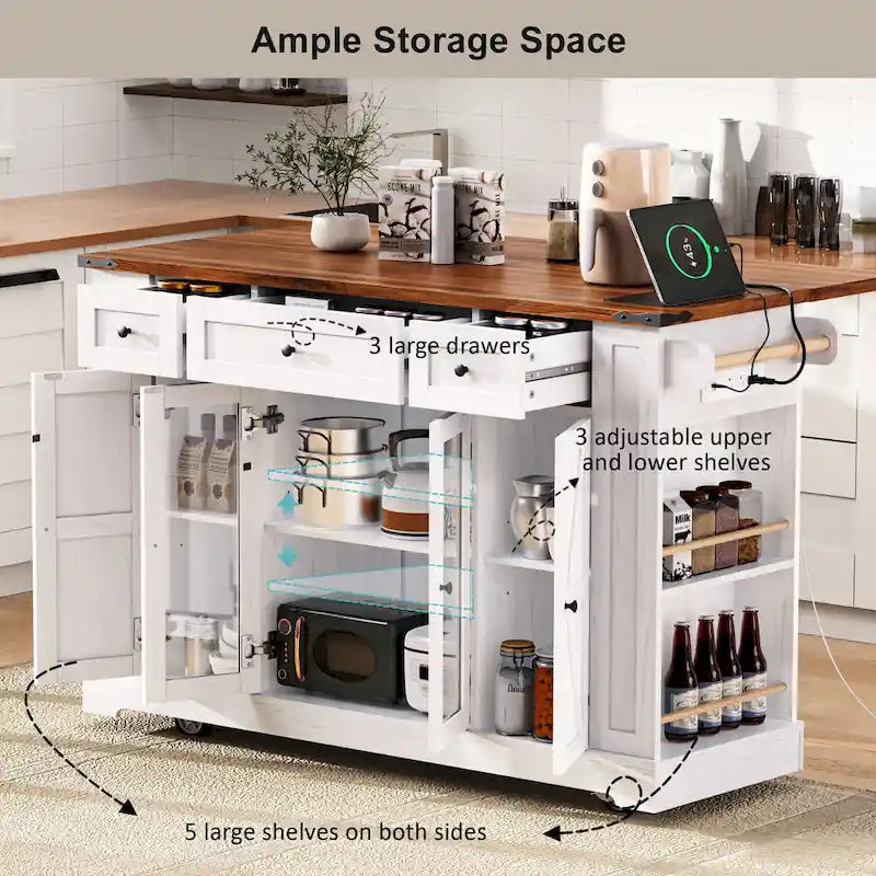 53 Îlot de cuisine de style ferme avec deux portes d'armoire en verre trempé (tabouret non inclus)