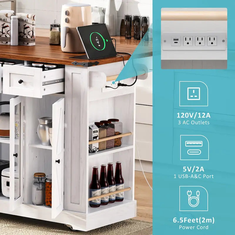 53 Îlot de cuisine de style ferme avec deux portes d'armoire en verre trempé (tabouret non inclus)