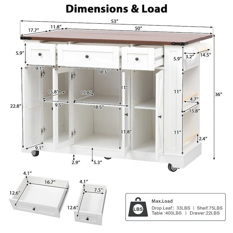 53 Îlot de cuisine de style ferme avec deux portes d'armoire en verre trempé (tabouret non inclus)