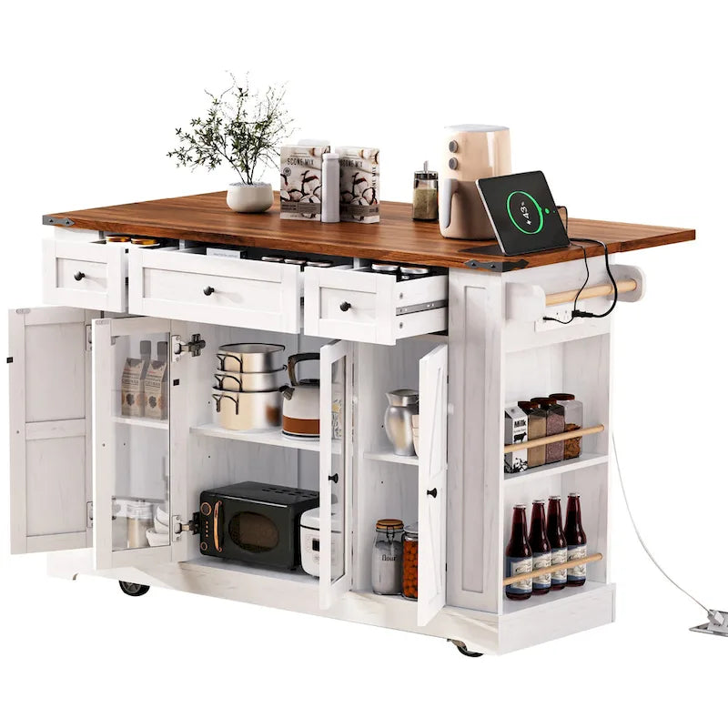53 Îlot de cuisine de style ferme avec deux portes d'armoire en verre trempé (tabouret non inclus)
