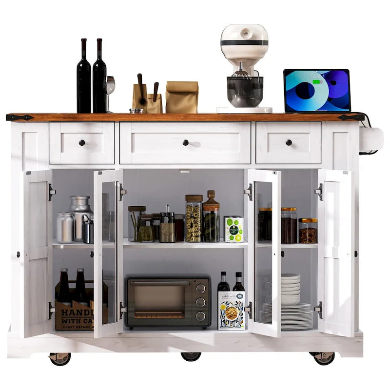 53 Îlot de cuisine de style ferme avec deux portes d'armoire en verre trempé (tabouret non inclus)