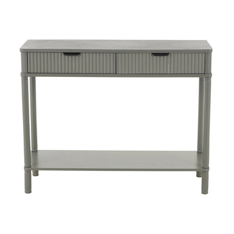 Console en bois fabriquée à la main à 2 tiroirs avec poignée noire et façade nervurée - Grise