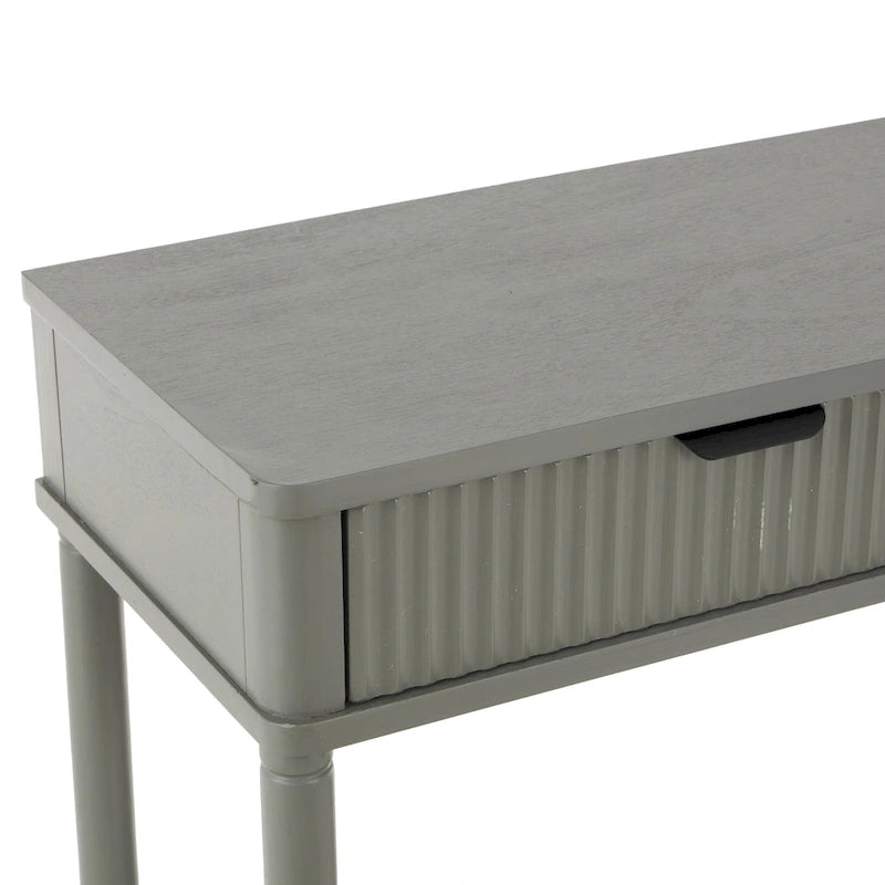 Console en bois fabriquée à la main à 2 tiroirs avec poignée noire et façade nervurée - Grise