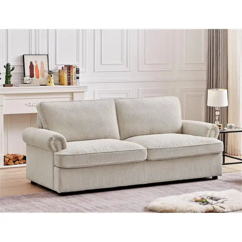 Canapé-lit en velours côtelé de 193 cm avec accoudoirs ronds et matelas grand format gigogne
