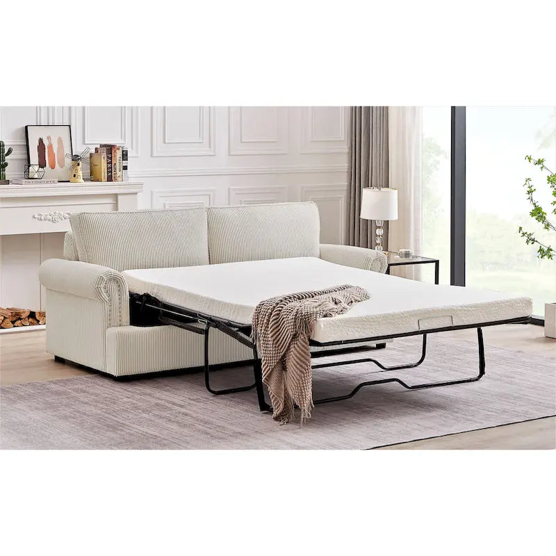 Canapé-lit en velours côtelé de 193 cm avec accoudoirs ronds et matelas grand format gigogne