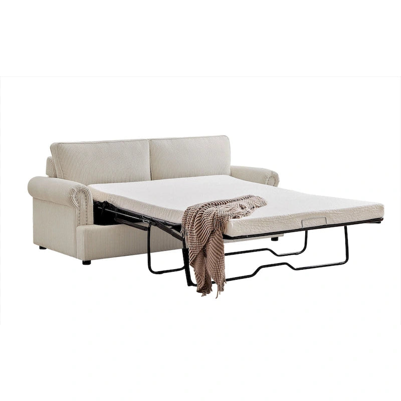 Canapé-lit en velours côtelé de 193 cm avec accoudoirs ronds et matelas grand format gigogne