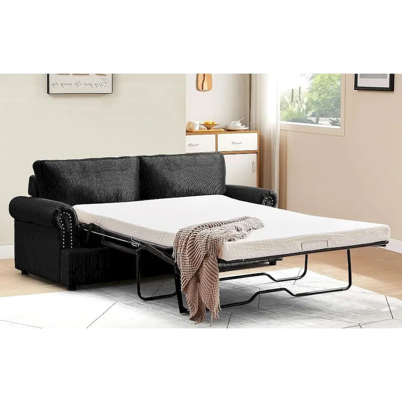 Canapé-lit en velours côtelé de 193 cm avec accoudoirs ronds et matelas grand format gigogne