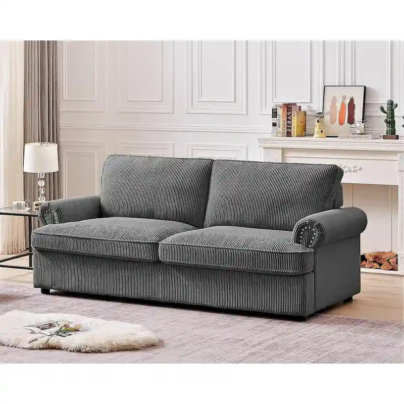 Canapé-lit en velours côtelé de 193 cm avec accoudoirs ronds et matelas grand format gigogne