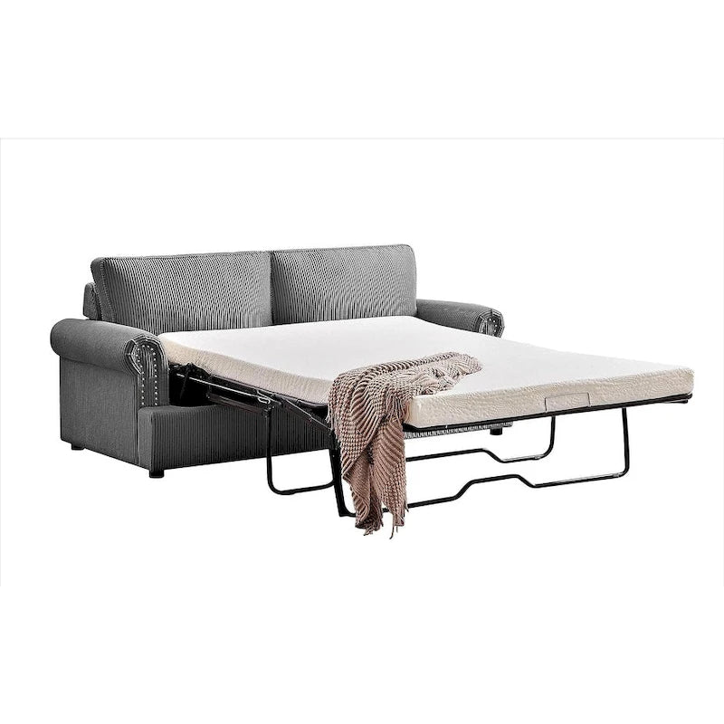 Canapé-lit en velours côtelé de 193 cm avec accoudoirs ronds et matelas grand format gigogne