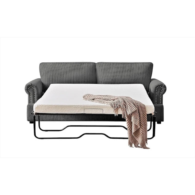 Canapé-lit en velours côtelé de 193 cm avec accoudoirs ronds et matelas grand format gigogne