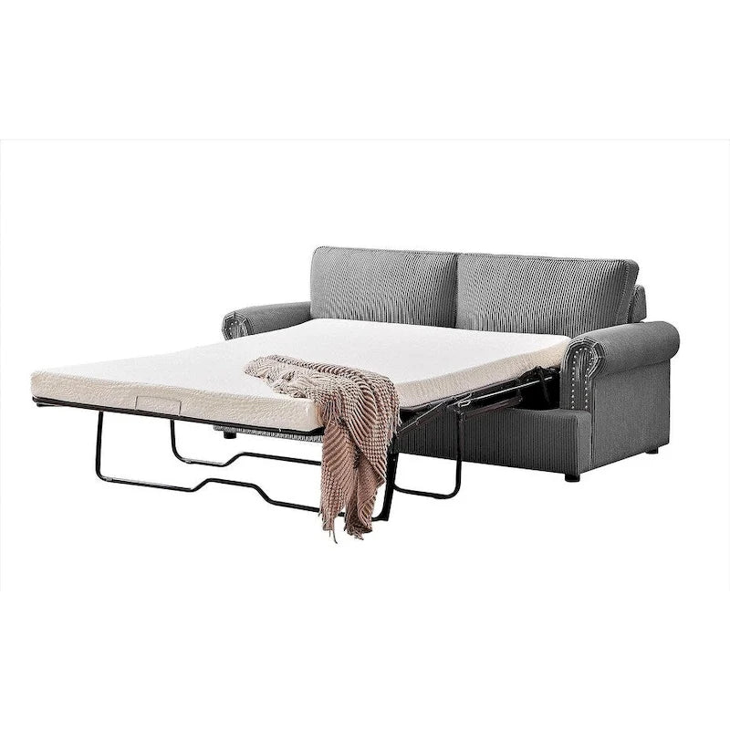Canapé-lit en velours côtelé de 193 cm avec accoudoirs ronds et matelas grand format gigogne