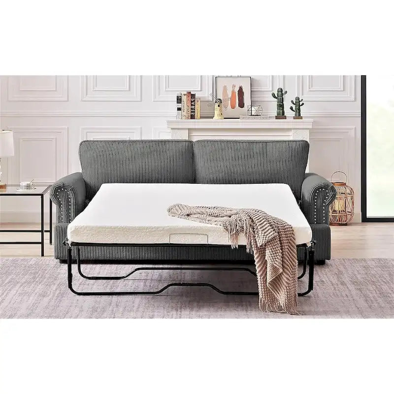 Canapé-lit en velours côtelé de 193 cm avec accoudoirs ronds et matelas grand format gigogne