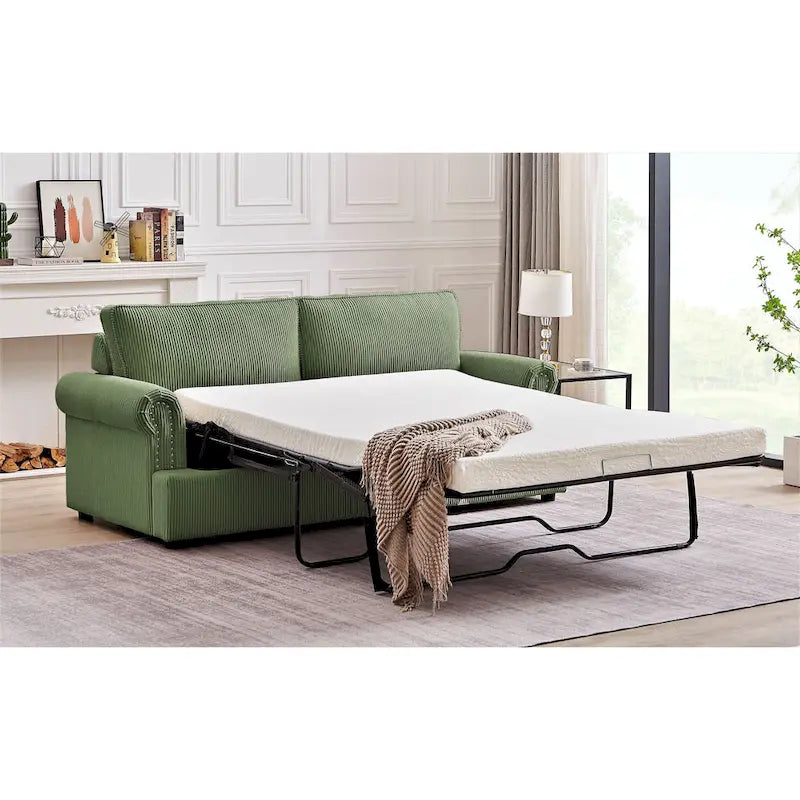 Canapé-lit en velours côtelé de 193 cm avec accoudoirs ronds et matelas grand format gigogne