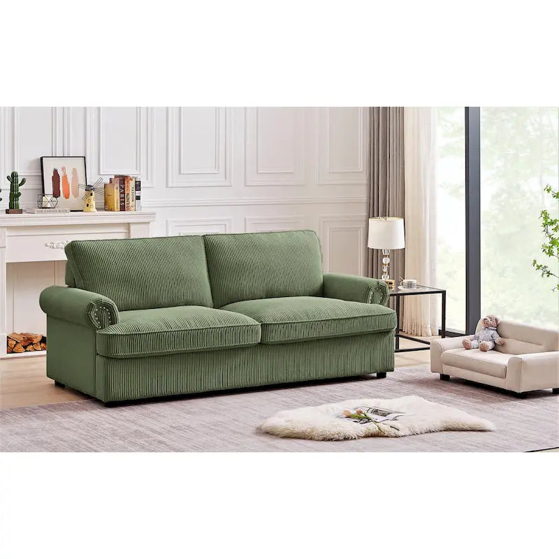 Canapé-lit en velours côtelé de 193 cm avec accoudoirs ronds et matelas grand format gigogne