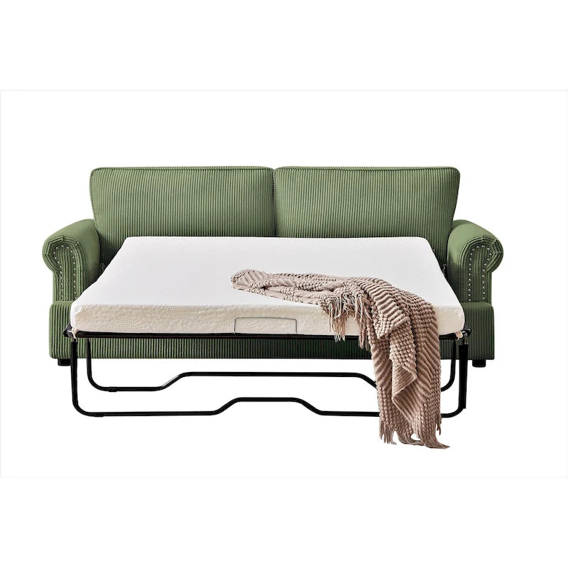 Canapé-lit en velours côtelé de 193 cm avec accoudoirs ronds et matelas grand format gigogne