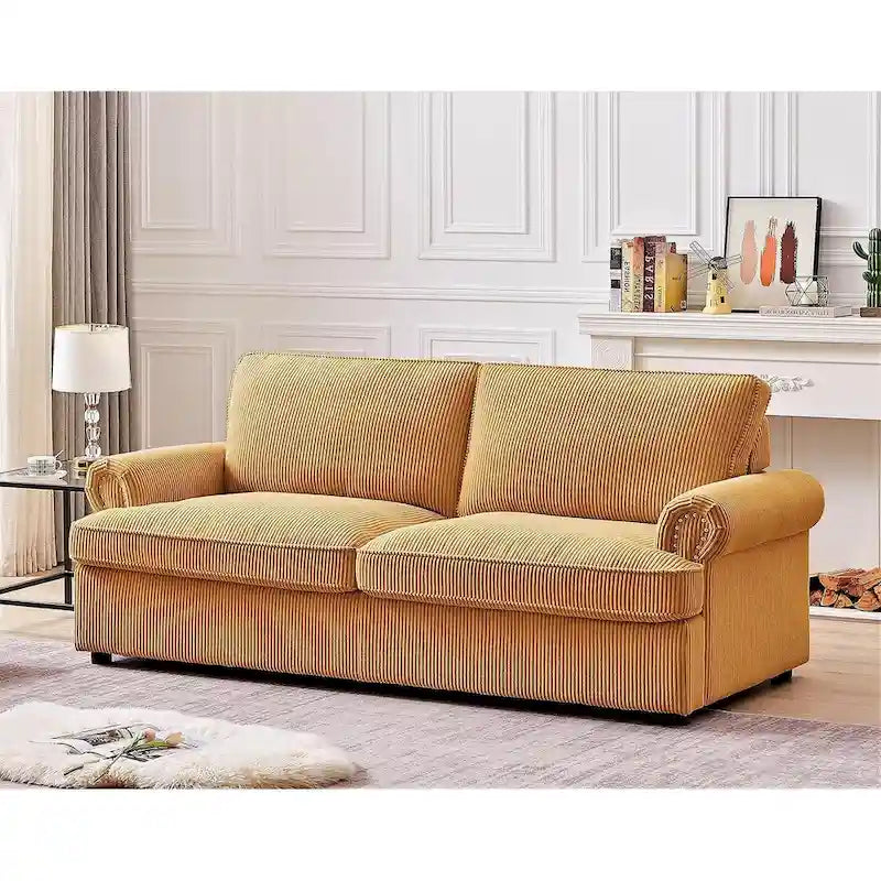 Canapé-lit en velours côtelé de 193 cm avec accoudoirs ronds et matelas grand format gigogne
