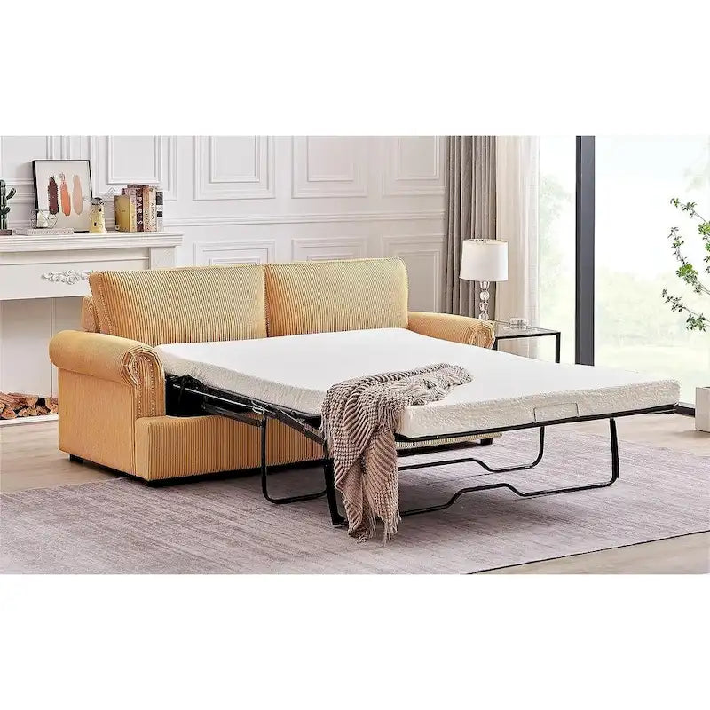 Canapé-lit en velours côtelé de 193 cm avec accoudoirs ronds et matelas grand format gigogne