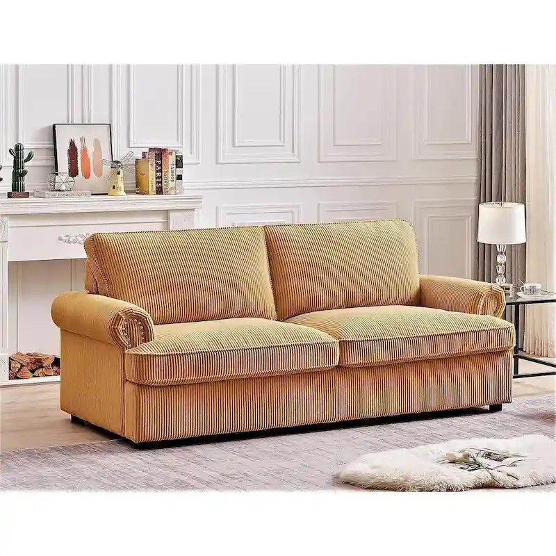 Canapé-lit en velours côtelé de 193 cm avec accoudoirs ronds et matelas grand format gigogne