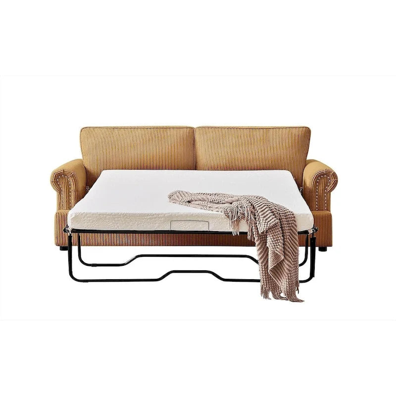Canapé-lit en velours côtelé de 193 cm avec accoudoirs ronds et matelas grand format gigogne