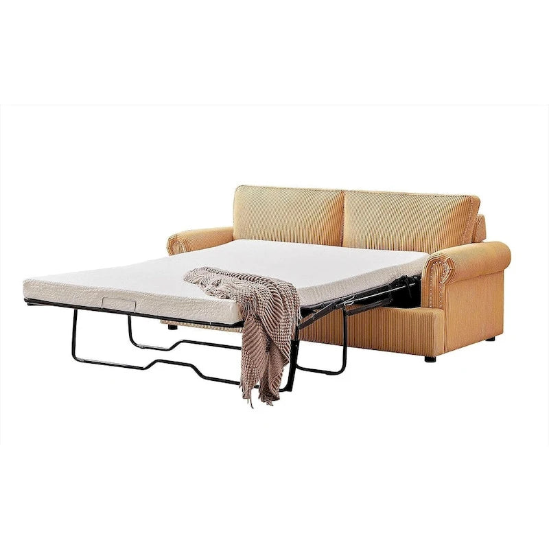 Canapé-lit en velours côtelé de 193 cm avec accoudoirs ronds et matelas grand format gigogne