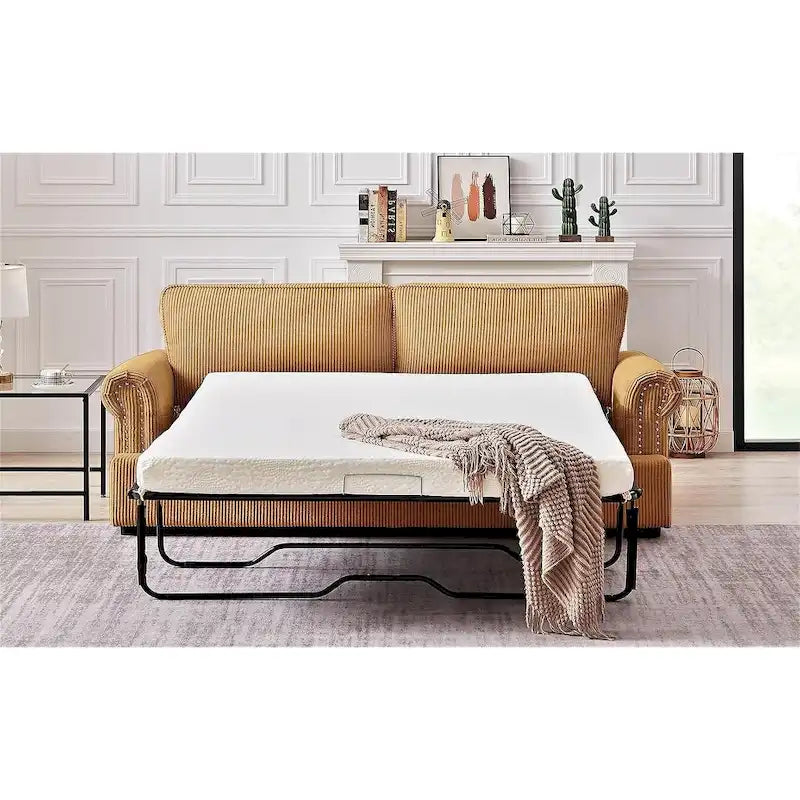 Canapé-lit en velours côtelé de 193 cm avec accoudoirs ronds et matelas grand format gigogne