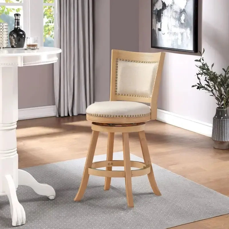Tabouret de comptoir pivotant à dossier haut avec coussin en lin et structure en bois