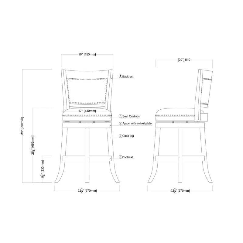 Tabouret de comptoir pivotant à dossier haut avec coussin en lin et structure en bois