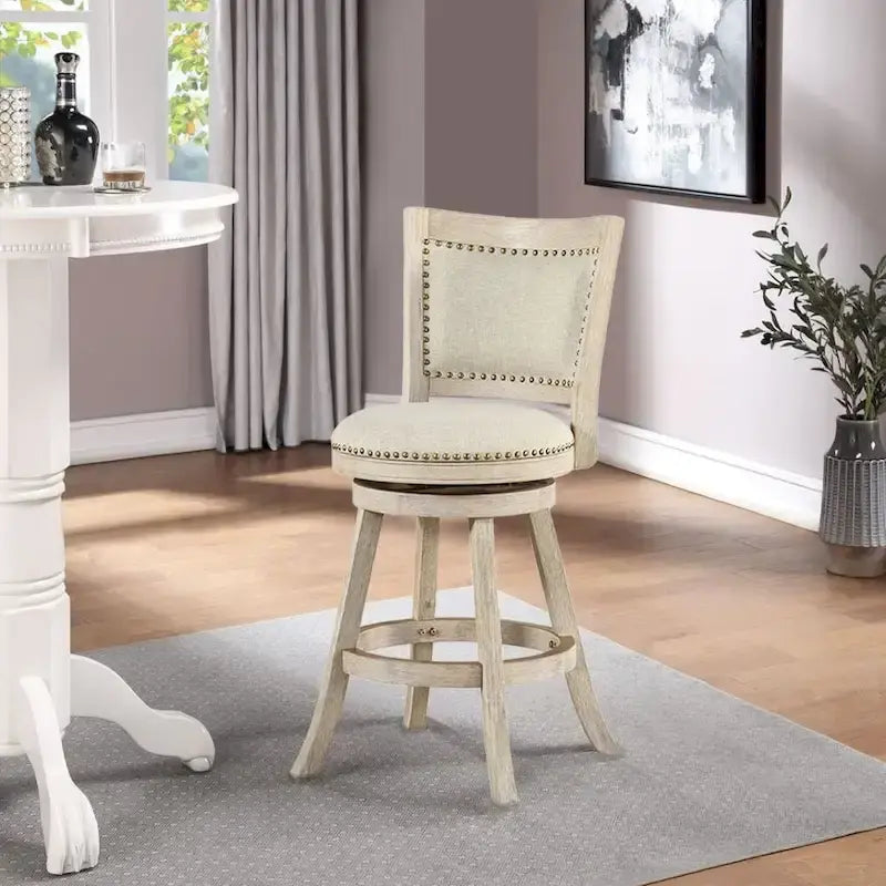 Tabouret de comptoir pivotant à dossier haut avec coussin en lin et structure en bois